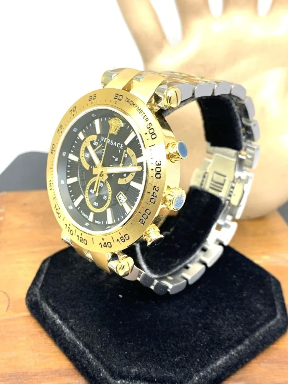 Versace Men's Watch VEJB00622 Swiss Quartz Chronograph Black Dial Two Tone Steel